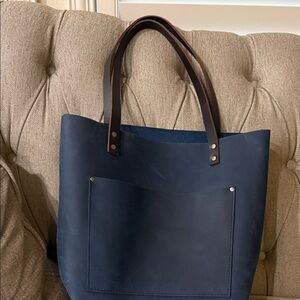 Portland Leather Navy Tote with Brown Handles